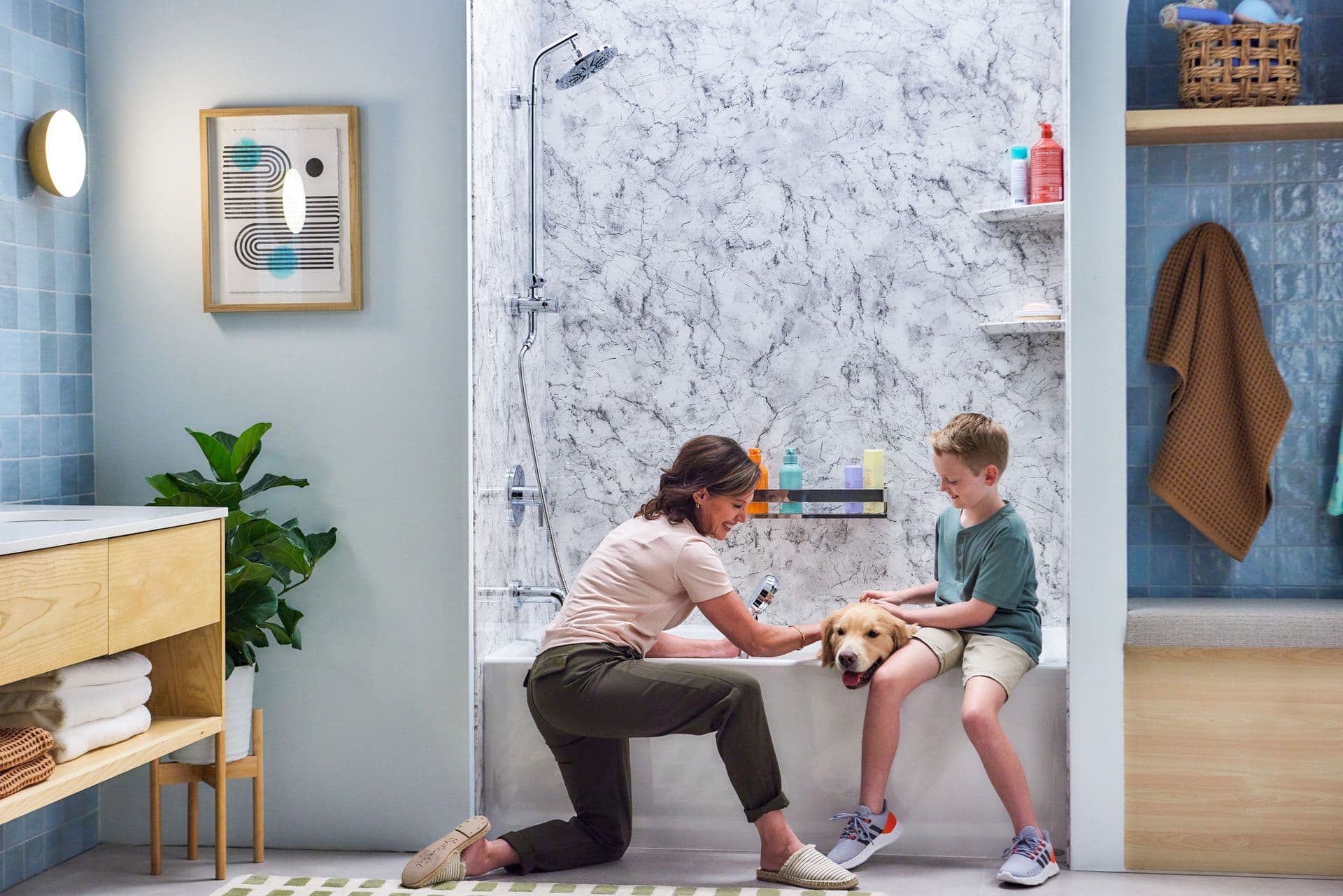 Bathtub - family giving dog a bath