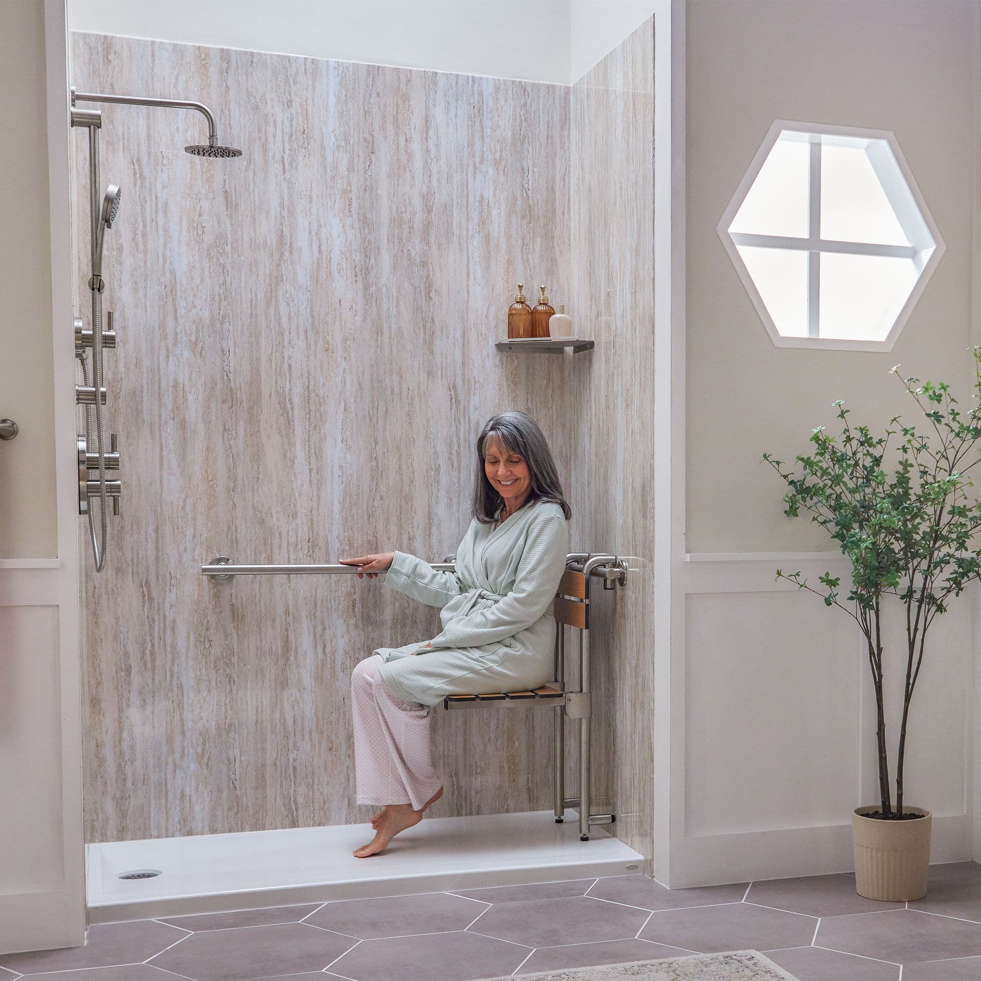 Woman Sitting in Shower Stall Bench