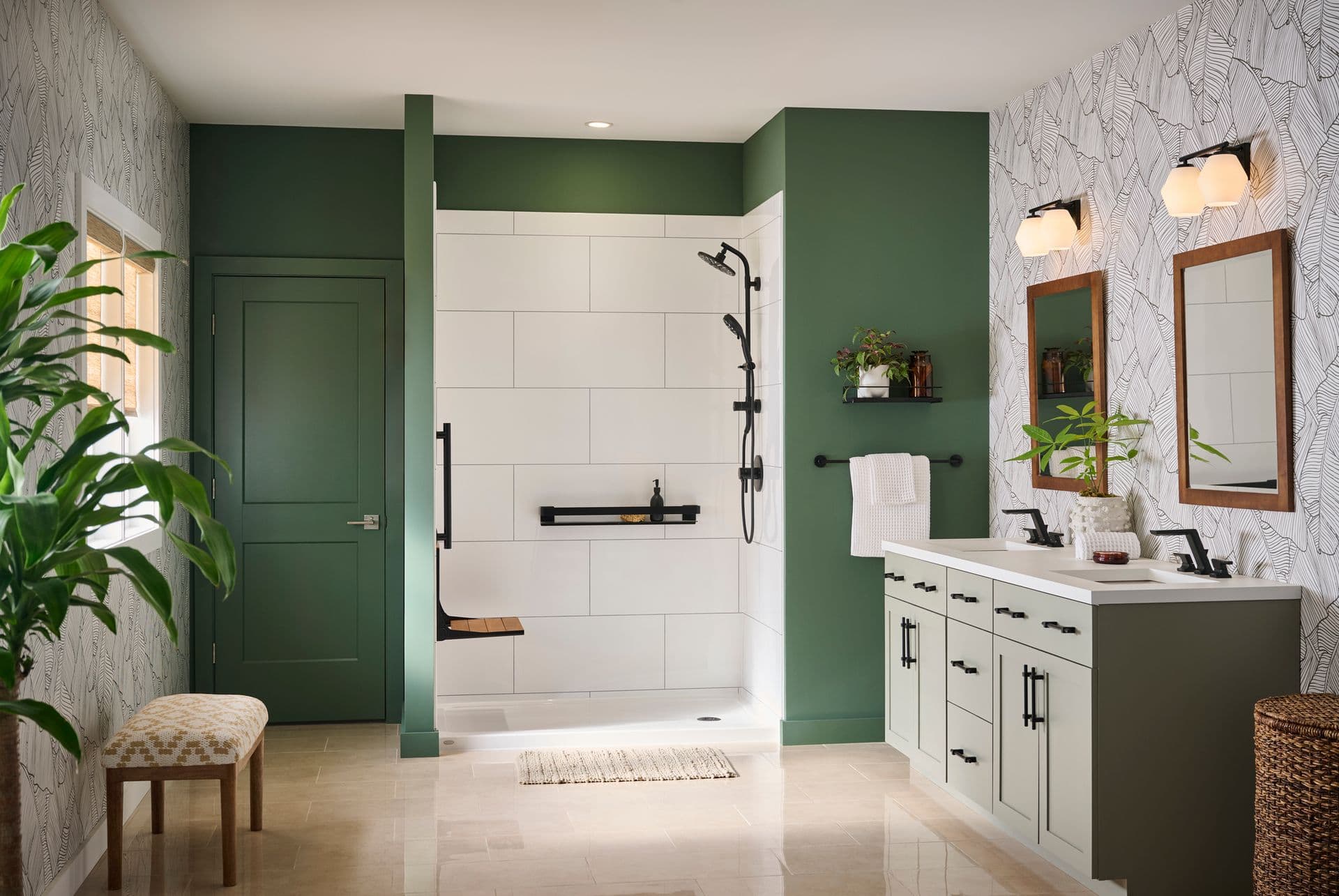 Shower with bench and grab bars