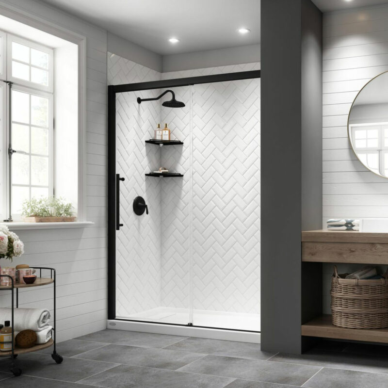 A modern bathroom featuring a herringbone pattern of textured white tiles on the shower wall. The room has matte black shower fixtures and a large, round mirror with a thin, gold frame. There's a dark grey sliding glass door for the shower, and the floor is laid with large, slate grey tiles. A wooden vanity with a white countertop holds a rectangular sink with a black faucet. A small, black, metal-framed trolley holds towels and toiletries, complementing the room's modern chic aesthetic. A large window with white trim lets in natural light, enhancing the clean and fresh ambiance of the space.