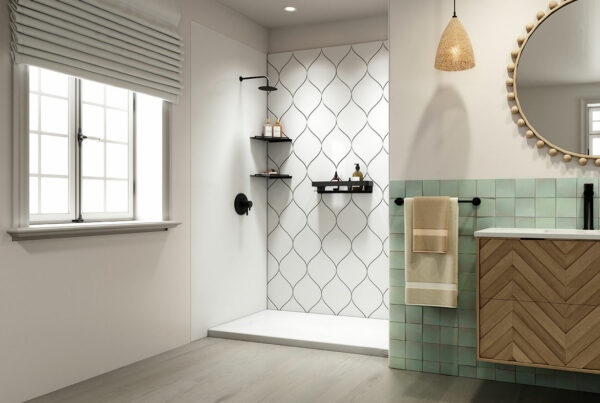Modern bathroom design featuring a luxury Jacuzzi shower enclosure with geometric tile patterns, natural wood vanity, and soft ambient lighting.